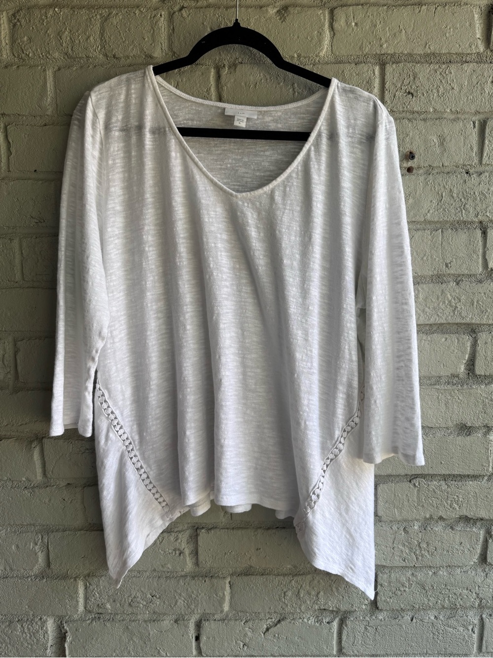 J. Jill White V-Neck Tunic Crochet Trim 3/4 sleeves Sz XL linen cotton EUC